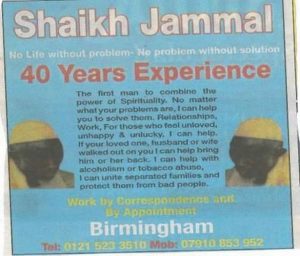 Fake faith healer Abdoulie Gassama - advert for his services - he claimed 40 years experience but was only 34 