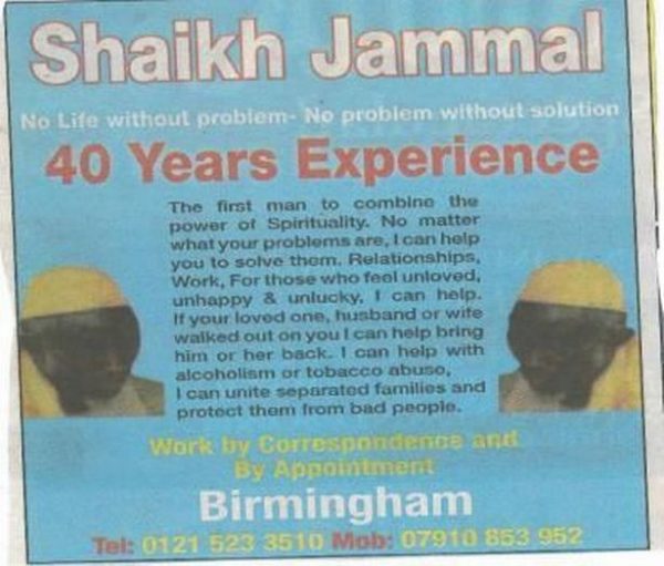 Fake faith healer Abdoulie Gassama - advert for his services - he claimed 40 years experience but was only 34