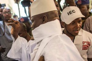 Former president Yahya Jammeh before casting his vote on Dec 1.