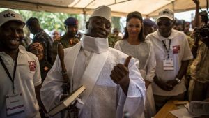 Outgoing president, Yahya Jammeh after casting his vote on December 1.